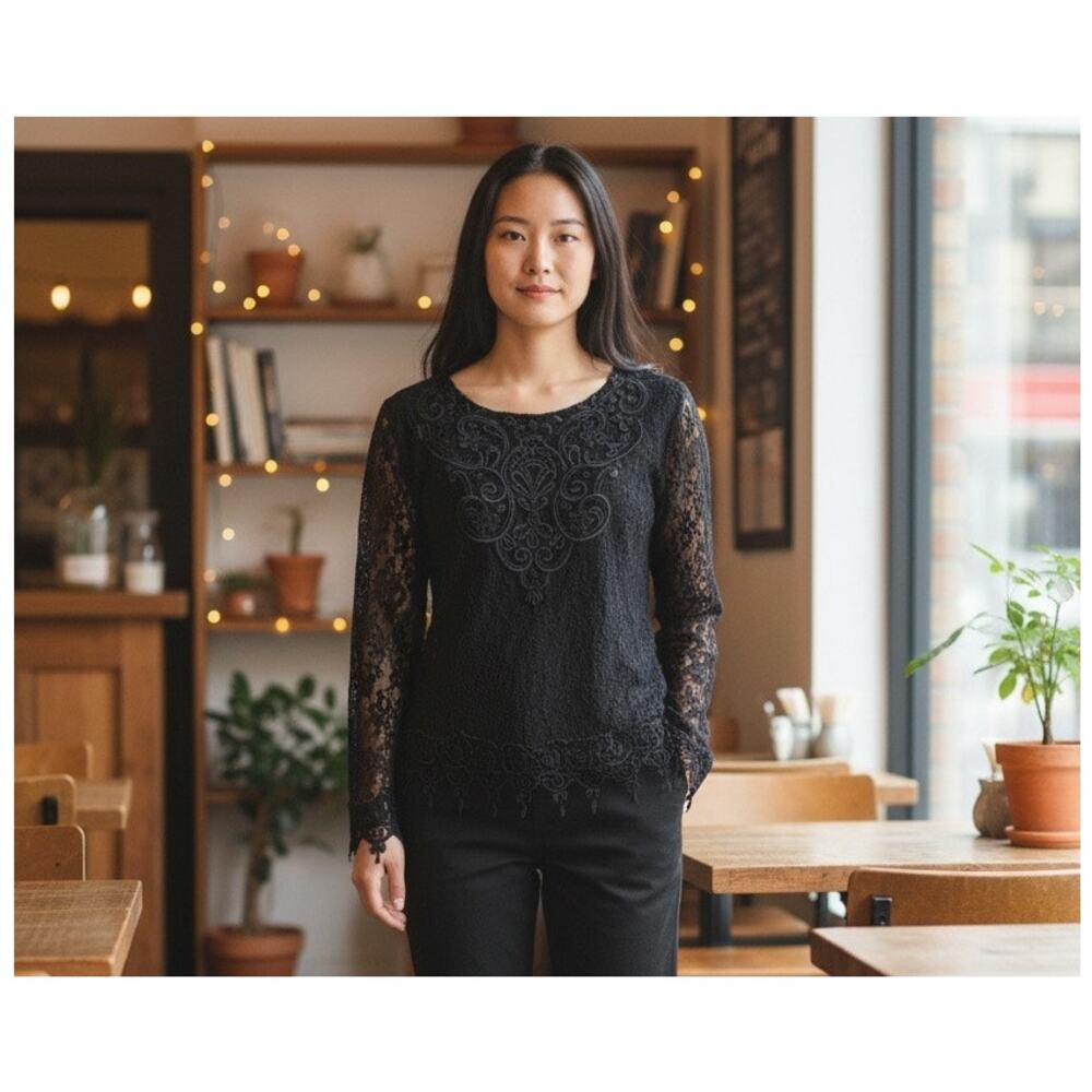 1980s Green Land Lace Top – Vintage Black Romantic Gothic Style Size M